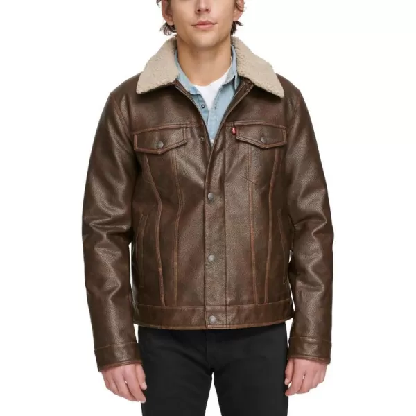 Levis Mens Faux Leather Classic Trucker JacketBrown W Sherpa Collar