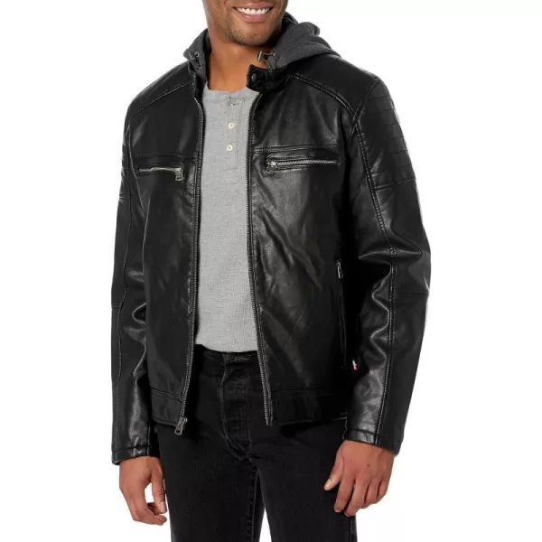 Levis Mens Faux Leather Hooded Racer JacketStandard Black Modern Lamb