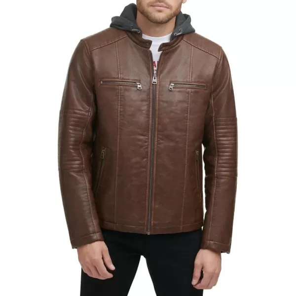 Levis Mens Faux Leather Hooded Racer JacketStandard Saddle