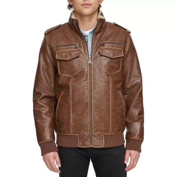 Levis Mens Faux Leather Sherpa Aviator Bomber Jacket Regular amp Big amp Tall SizesSaddle Brown