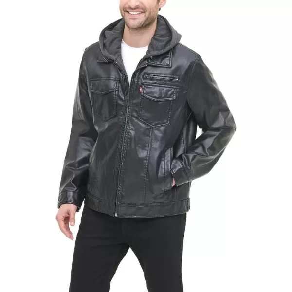 Levis Mens Faux Leather Trucker Hoody with Sherpa Lining Regular and Big and Tall Sizes Black MediumLevis Mens Faux Leather Trucker Hoody with Sherpa Lining Regular and Big and Tall Sizes Black Medium