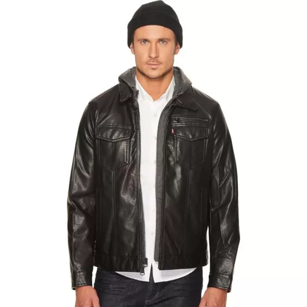 Levis Mens Faux Leather Trucker Hoody with Sherpa Lining Regular and Big and Tall SizesStandard Black