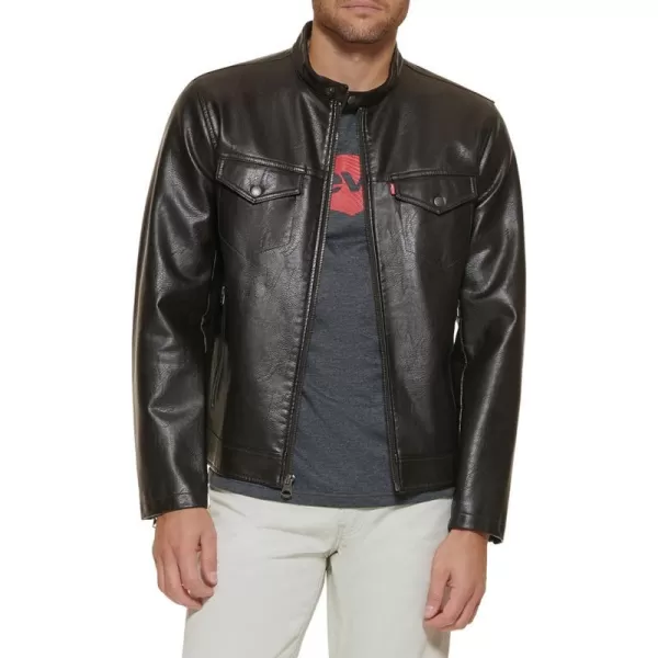 Levis Mens Faux Leather Trucker Racer JacketDark Brown