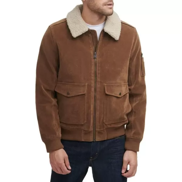 Levis Mens Faux Suede Aviator Bomber JacketCognac Faux Suede  Sherpa Collar