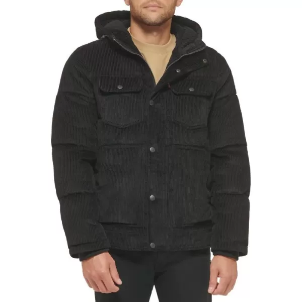 Levis Mens Heavyweight MidLength Hooded Military Puffer JacketBlack Corduroy