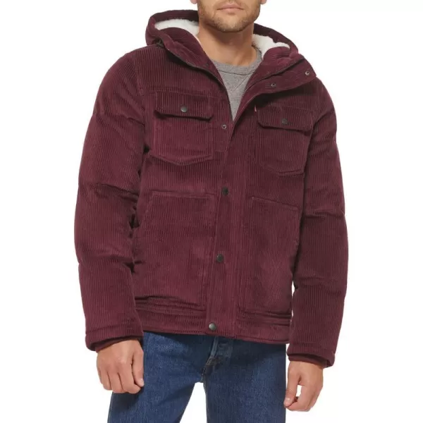 Levis Mens Heavyweight MidLength Hooded Military Puffer JacketBurgundy Corduroy