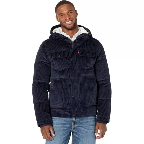 Levis Mens Heavyweight MidLength Hooded Military Puffer JacketNavy Corduroy