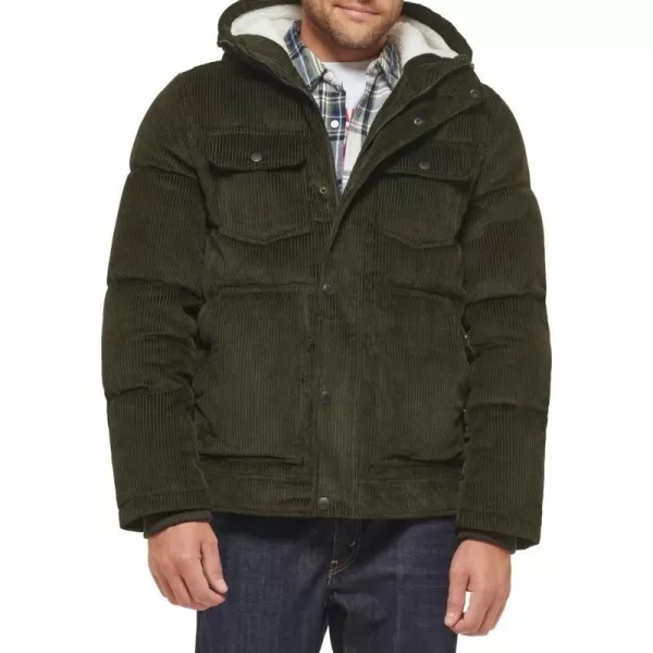 Levis Mens Heavyweight MidLength Hooded Military Puffer JacketOlive Corduroy