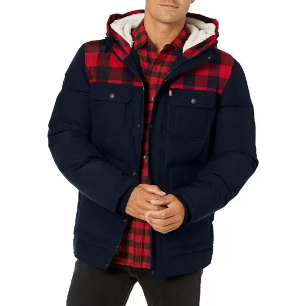 Levis Mens Heavyweight MidLength Hooded Military Puffer JacketRed Buffalo PlaidNavy