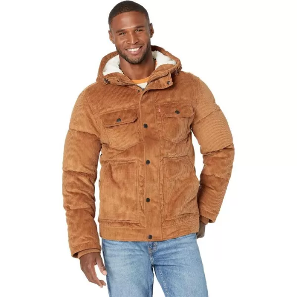 Levis Mens Heavyweight MidLength Hooded Military Puffer JacketWorker Brown Corduroy