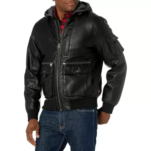 Levis Mens Hooded Bomber JacketBlack Faux Leather Hooded