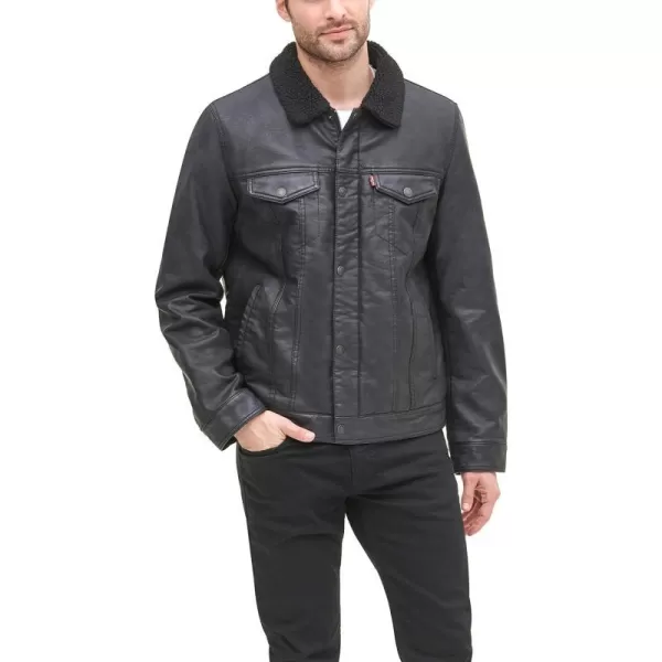 Levis Mens Legacy Faux Leather Sherpa Lined Trucker JacketBlack