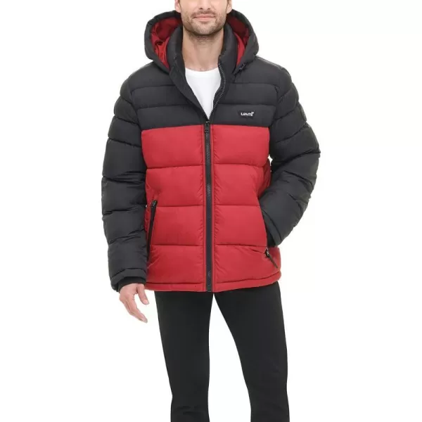 Levis Mens MidLength Quilted Performance Hoody Puffer JacketBlackRed