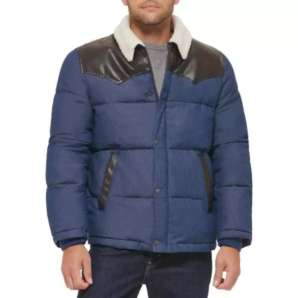 Levis Mens Out West Mixed Media Puffer JacketFaded Blue Denim Puffer