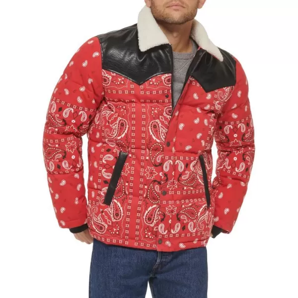 Levis Mens Out West Mixed Media Puffer JacketRed Bandana Print Puffer