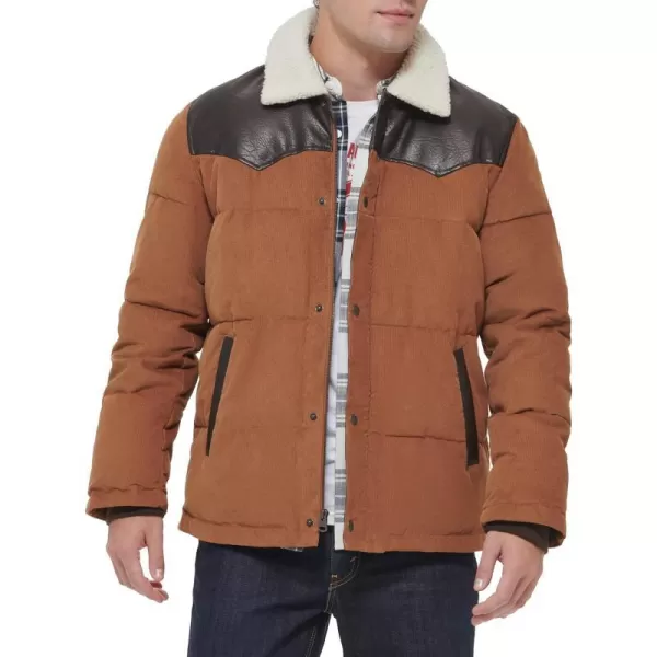 Levis Mens Out West Mixed Media Puffer JacketWorker Brown Puffer