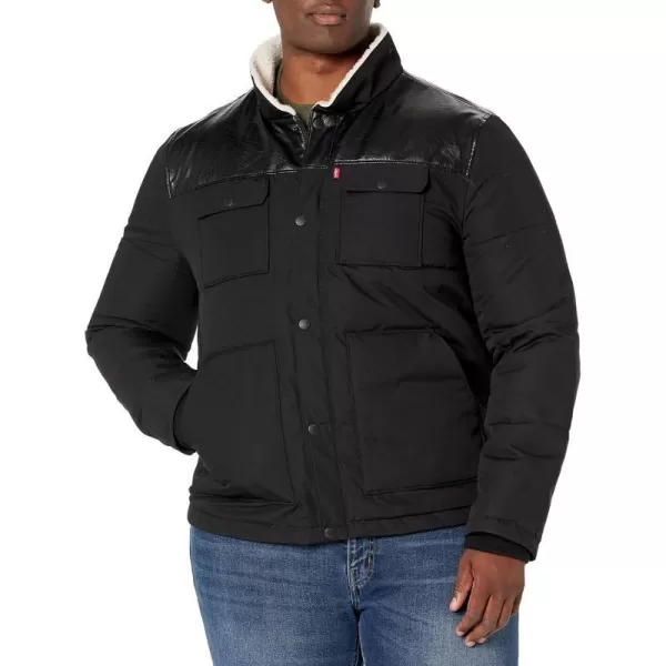 Levis Mens Quilted Mixed Media Shirttail Work Wear Puffer JacketBlackFaux Leather