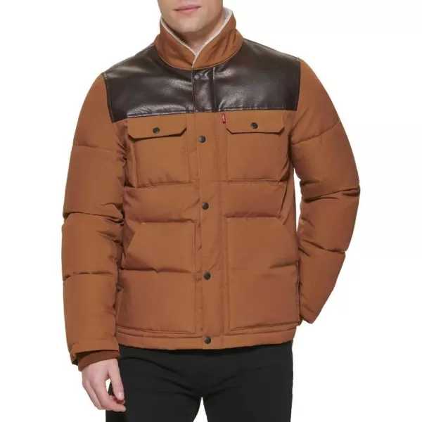 Levis Mens Quilted Mixed Media Shirttail Work Wear Puffer JacketWorker BrownFaux Leather