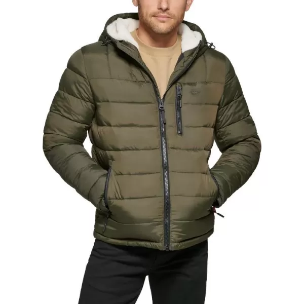 Levis Mens Quilted Puffer with Sherpa Lined Hood Olive MediumLevis Mens Quilted Puffer with Sherpa Lined Hood Olive Medium