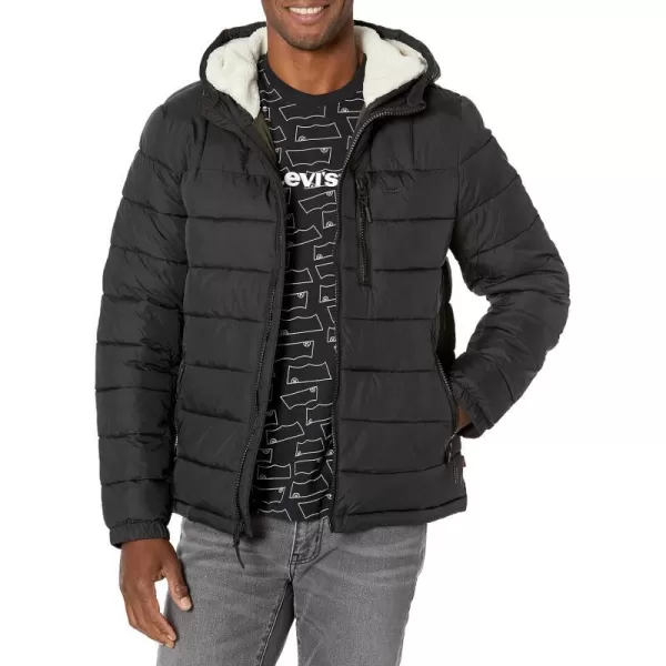 Levis Mens Quilted Puffer with Sherpa Lined HoodBlack