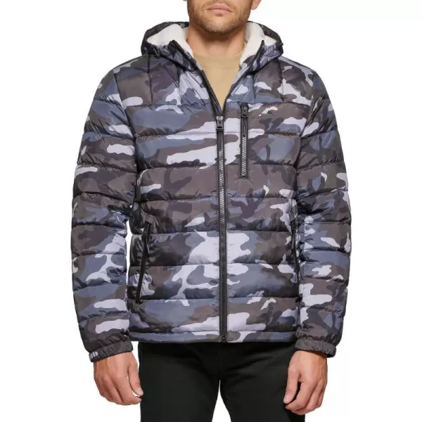 Levis Mens Quilted Puffer with Sherpa Lined HoodGrey Camouflage