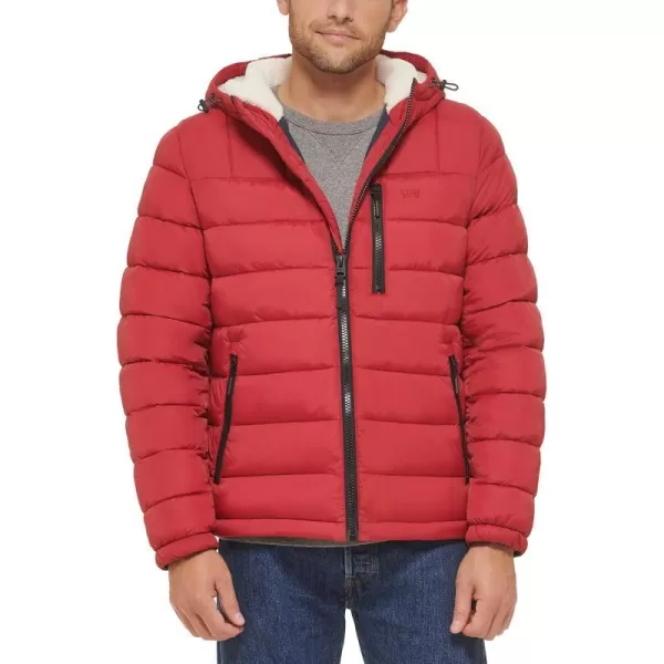 Levis Mens Quilted Puffer with Sherpa Lined HoodRed