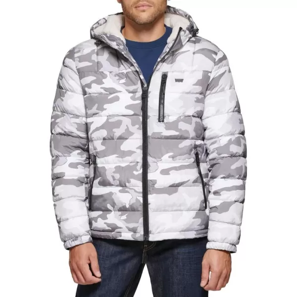 Levis Mens Quilted Puffer with Sherpa Lined HoodWhite Camouflage