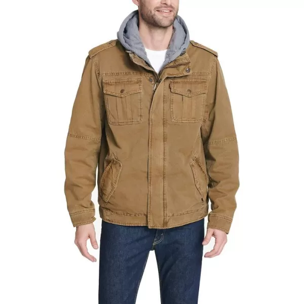 Levis Mens Washed Cotton Hooded Military Jacket Regular amp Big amp Tall SizesWorker Brown Sherpa