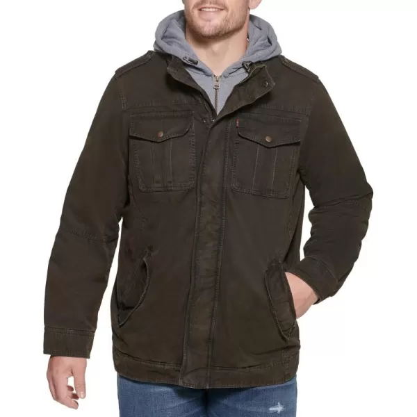 Levis Mens Washed Cotton Hooded Military JacketDark Brown