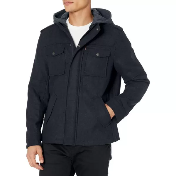 Levis Mens Wool Blend Military Jacket with Hood navy SmallLevis Mens Wool Blend Military Jacket with Hood navy Small