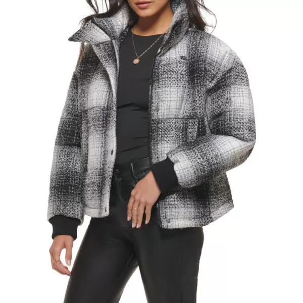 Levis Womens Cinch Waist Puffer JacketBlackWhite Ombre Wool Plaid