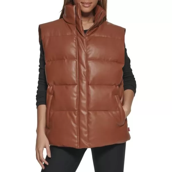 Levis Womens Plus Size Vegan Leather Puffer VestCamel