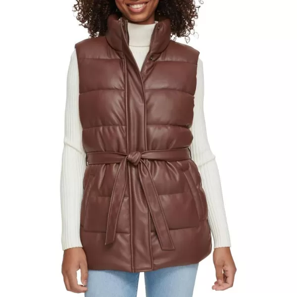 Levis Womens Plus Size Vegan Leather Puffer VestChocolate Brown With Belt