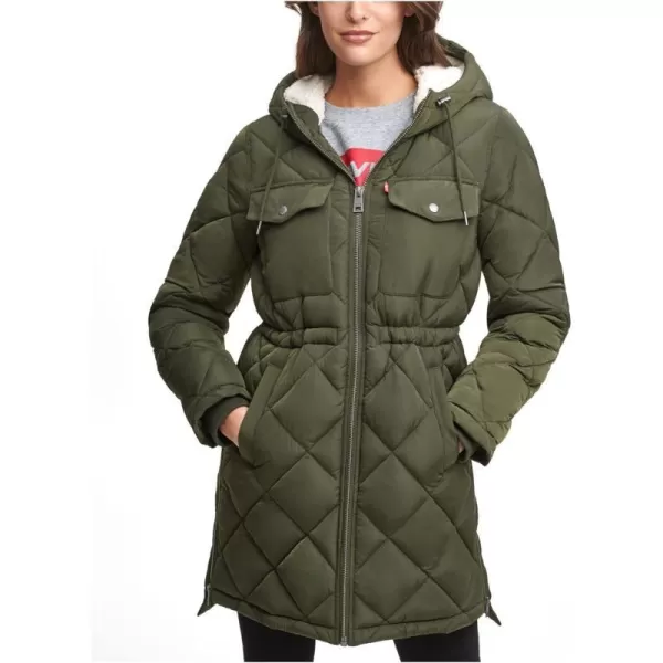 Levis Womens Soft Sherpa Lined Diamond Quilted Long Parka Jacket Standard amp Plus SizesArmy Green