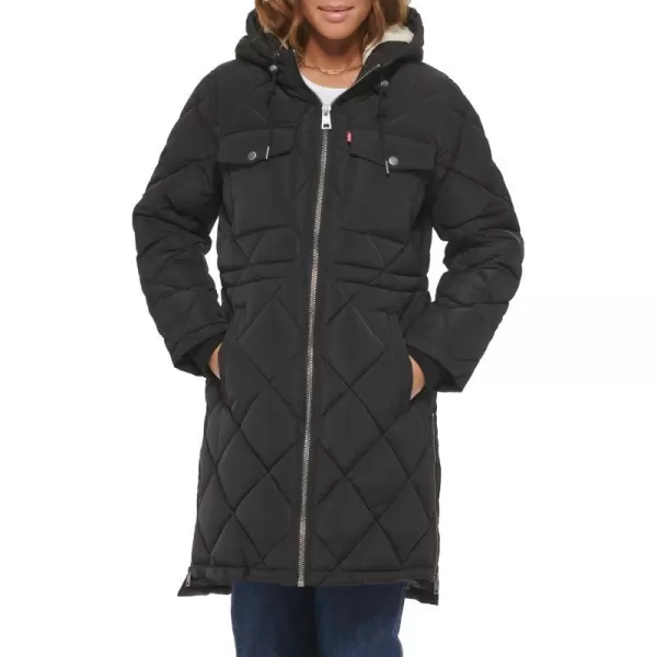 Levis Womens Soft Sherpa Lined Diamond Quilted Long Parka Jacket Standard amp Plus SizesBlack