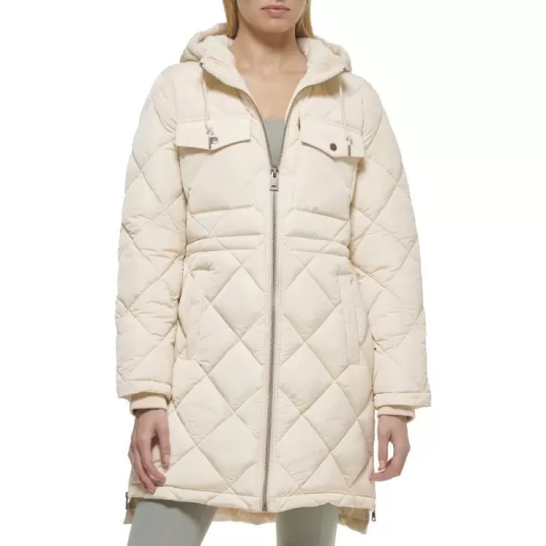 Levis Womens Soft Sherpa Lined Diamond Quilted Long Parka Jacket Standard amp Plus SizesCrme Brulee