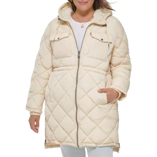 Levis Womens Soft Sherpa Lined Diamond Quilted Long Parka Jacket Standard amp Plus SizesIvory