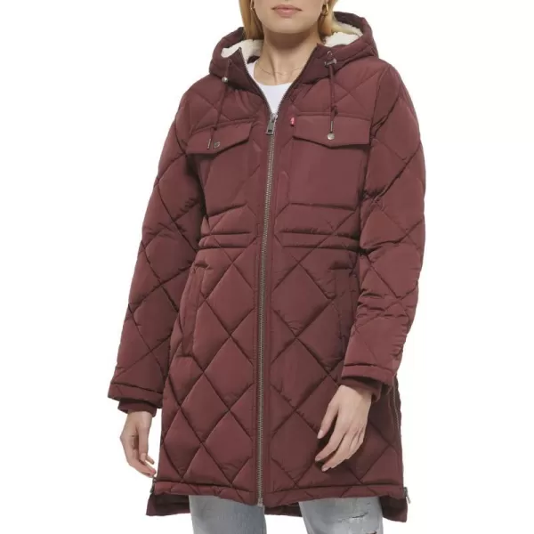 Levis Womens Soft Sherpa Lined Diamond Quilted Long Parka Jacket Standard amp Plus SizesMerlot