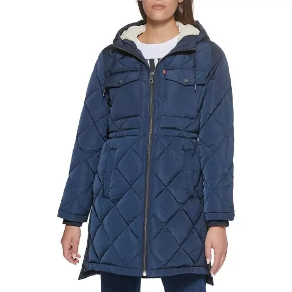 Levis Womens Soft Sherpa Lined Diamond Quilted Long Parka Jacket Standard amp Plus SizesNavy