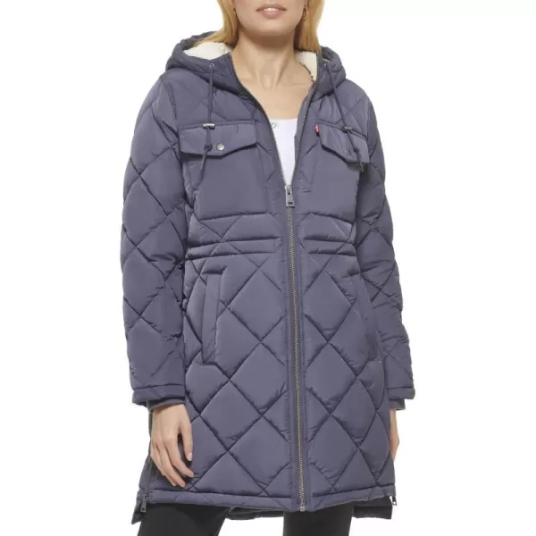 Levis Womens Soft Sherpa Lined Diamond Quilted Long Parka Jacket Standard amp Plus SizesOdyssey Grey