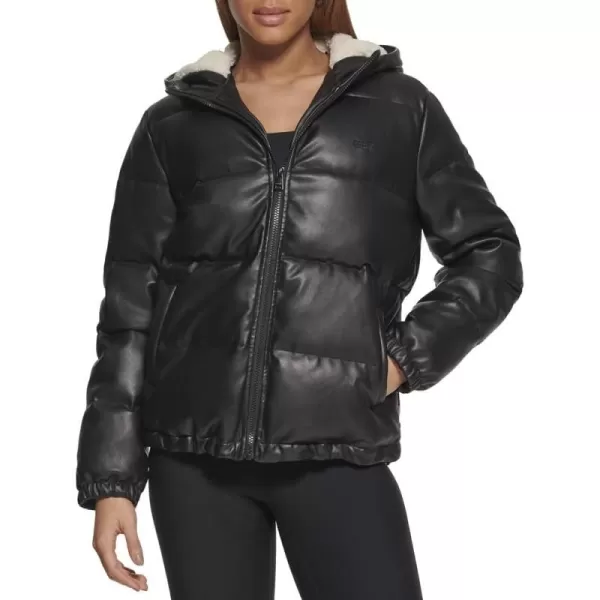 Levis Womens Vegan Leather Quilted Hooded PufferBlack