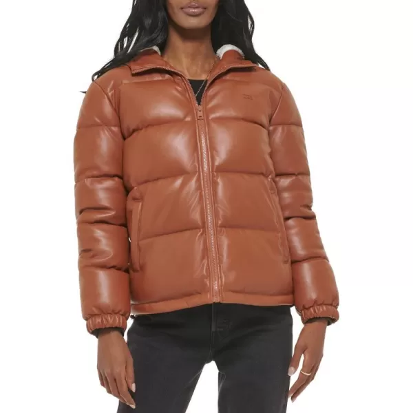 Levis Womens Vegan Leather Quilted Hooded PufferCamel