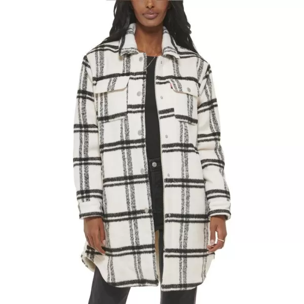 Levis Womens Wool Blend Sherpa Lined Long ShacketBlackWhite Window Plaid