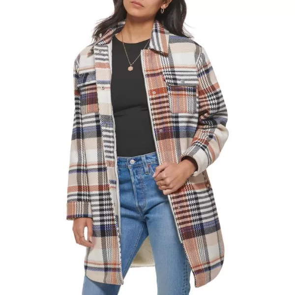 Levis Womens Wool Blend Sherpa Lined Long ShacketRust Multi Plaid