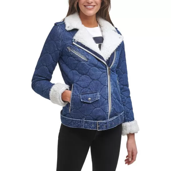 Levis womens Acid Washed Belted Sherpa Moto Jacket Standard amp Plus SizesDenim Onion Quilt