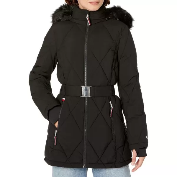 TOMMY HILFIGER Women Fur Hood Long Puffer Zip Up Belt at Waist JacketBlack