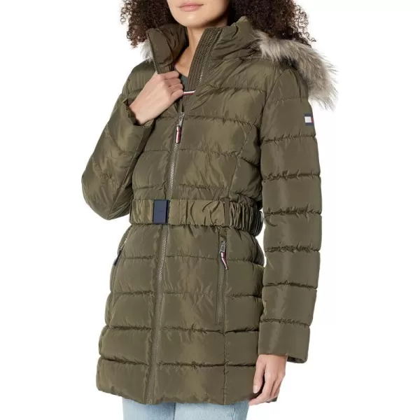 TOMMY HILFIGER Women Fur Long Puffer Hooded Belt at Waist JacketJuniper