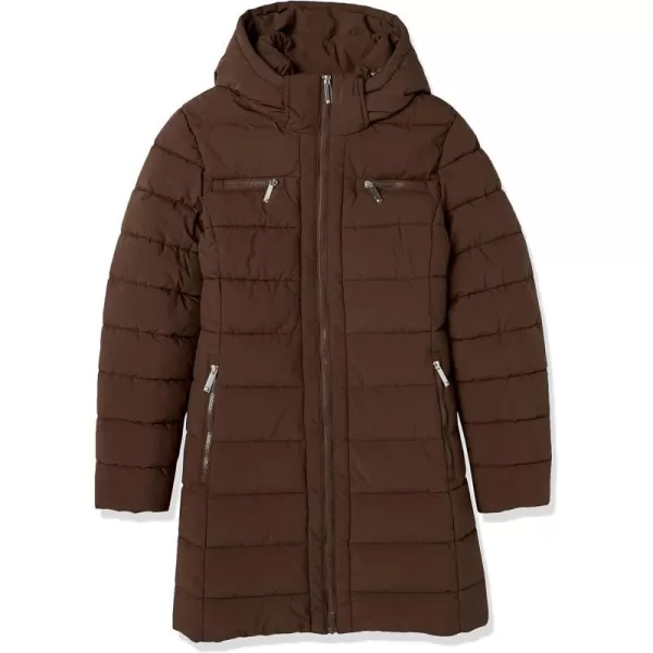 TOMMY HILFIGER Women Solid Puffer Untrimmed Hood Long Jacket Brown LargeTOMMY HILFIGER Women Solid Puffer Untrimmed Hood Long Jacket Brown Large