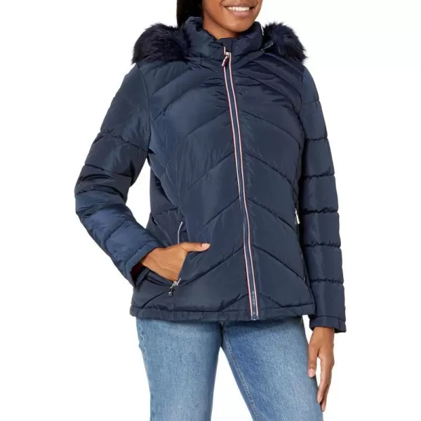 TOMMY HILFIGER Womens Contrast Zipper Fur Hood Short Puffer JacketNavy