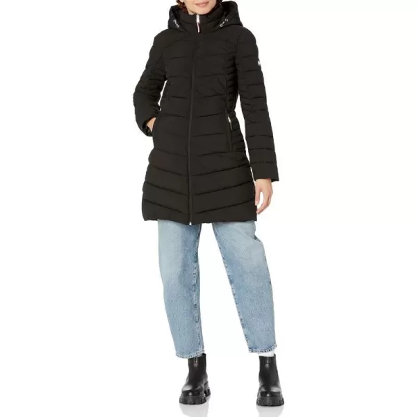 TOMMY HILFIGER Womens Hooded Solid Zip Up Long Packable JacketBlack